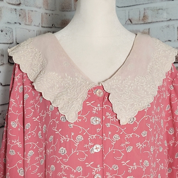 Vintage 80s 90s Pink Floral Dress Lace Peter Pan Collar Beetlejuice Cottagecore - Picture 4 of 13